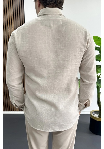 Edwox Erkek Keten Karışımlı Slim Fit Gömlek Bej Edw499
