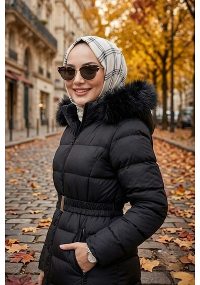 Hb Harma Time Butik Kadın Kapüşonlu Kemerli Uzun Şişme Siyah Mont