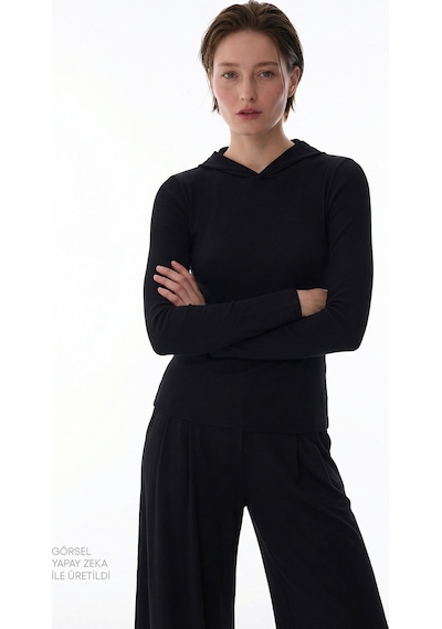 Penti Siyah Hooded Ribbed Modal Sweatshirt