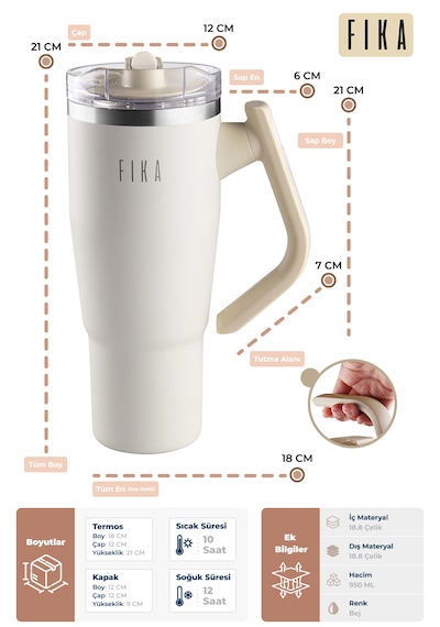 Neoflam Fika Lumi Patentli Döner Kulplu Sızdırmaz Çift Ağızlıklı Çelik Termos 950 Ml Bej