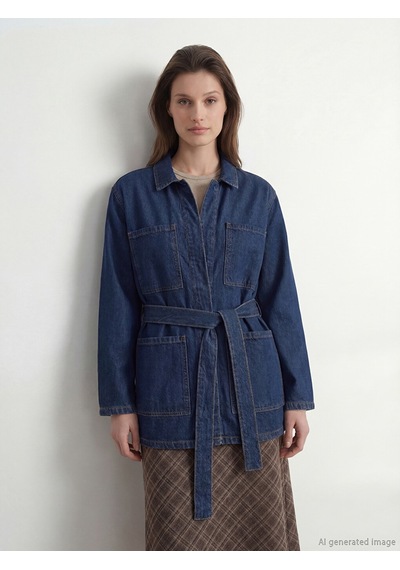 Lcw Modest İndigo Gömlek Yaka Beli Kuşaklı Kadın Jean Ceket