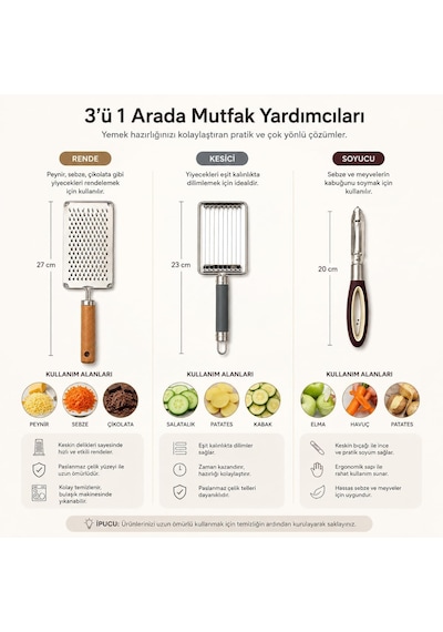 3'lü Mutfak Gereçleri Seti, Paslanmaz Çelik Rende, Sebze Ve Meyve Soyucu, Dilimleyici Kesici, Peynir Sebze Patates Ka Diğer