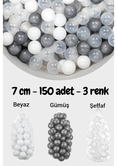 7 Cm Top Havuzu Topu 150 Adet Gümüş, Beyaz, Şeffaf