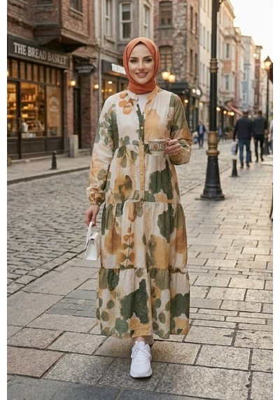 Hb Harma Time Butik Kadın Rahat Kesim Desenli Modal Kumaş Haki Elbise