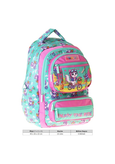 Kaukko Kids Kız Çocuk Bisikletli Kedi Baskılı Cat Bike Altı Bölmeli İlkokul Sırt Çantası - L5328 Çok Renkli