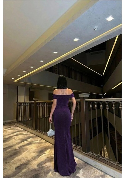 Euro Class Kadın Trend Kayık Yaka Balık Kesim Abiye Elbise Mor