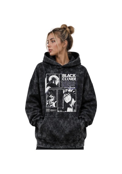 Sevbano Black Clover Anime Baskılı Unisex Oversize Premium Yıkamalı Hoodi Siyah