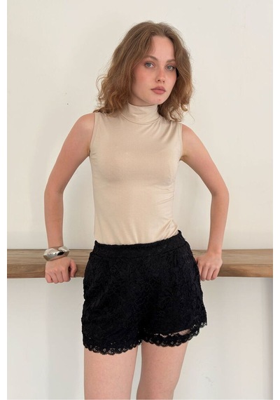 Verymoda Pileli Dantel Şort D3101 Siyah