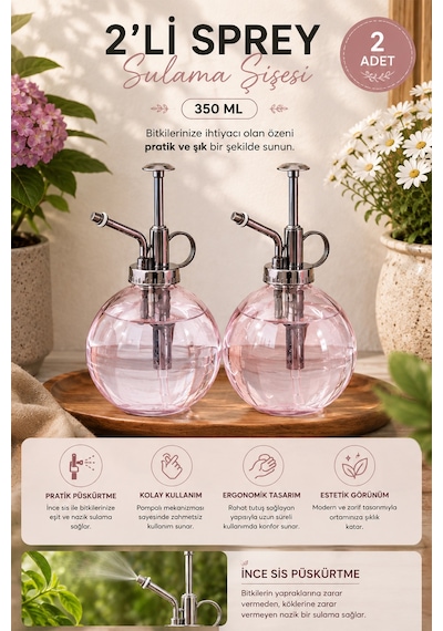 Porsima 15729 2'li Cam Sprey Şişe Seti 350 Ml Pembe Cam Çiçek Bitki Sulama Püskürtücü & Sprey Yağdanlık