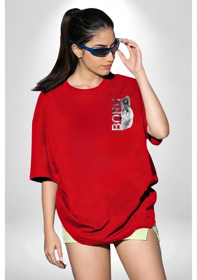 Uluyan Beyaz Kurt Kırmızı Oversize Unisex Ön Ve Sırt Baskılı Tişört Kırmızı