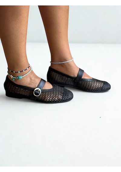 Ne&ve Shoes Siyah File Simli Tokalı Yuvarlak Burunlu Kadın Günlük Rahat Ve Şık Babet