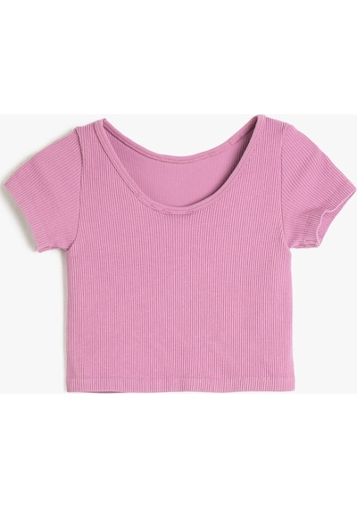 Koton Crop Tişört Derin Yuvarlak Yaka Kısa Kollu Ribanalı Pembe 3skg10381ak 3SKG10381AK288 Pembe