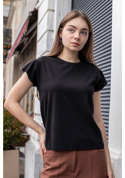 Kadın İpeksi Kumaş Geniş Sıfır Yaka Kısa Kol Tshirt Bluz-siyah Siyah Kadın İpeksi Kumaş Geniş Sıfır Yaka Kısa Kol Tshirt Bluz-siyah Siyah