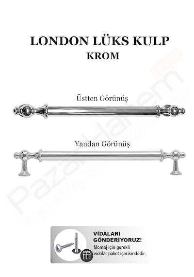London Model 192mm Krom 2 Adet - Vidaları Dahil - Mutfak Dolap & Çekmece Kulpu Gümüş - Krom