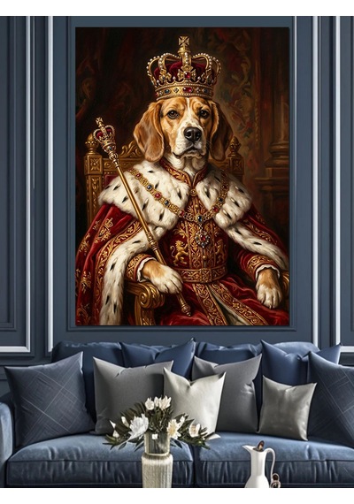 Tahtta Oturan Kral Beagle Köpeği Dekoratif Kanvas - Mdf Ahşap Tablo