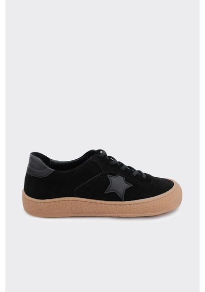 Derinet Hakiki Deri Bağcıklı Kadın Sneaker Siyah Siyah
