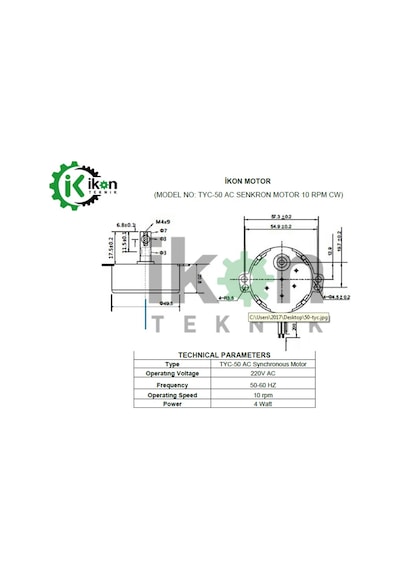 İkon Teknik AC SENKRON MOTOR TYC 50 4 Watt 220 Volt 10 RPM TEK YÖN [CW]
