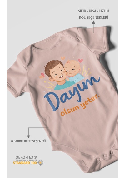 Morivokids Dayım Olsun Yeter Kısa Kollu Bebek Body %100 Pamuk Pastel Pembe