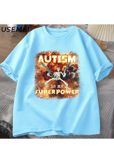 Flood Of Style Otizm Süper Güç Komik İskelet Meme T Shirt Garip Belirli Saldırgan T Shirt Erkekler Rahat Pam Mavi