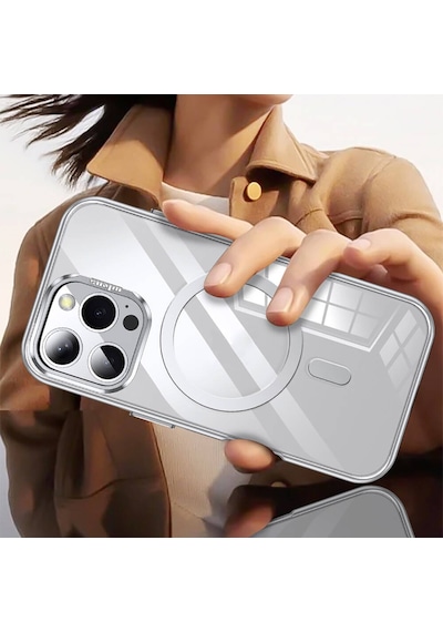 Apple iPhone 16 Pro Uyumlu Kılıf Magsafe Şarj Özellikli Wlons Standlı Efsane Kapak Gri