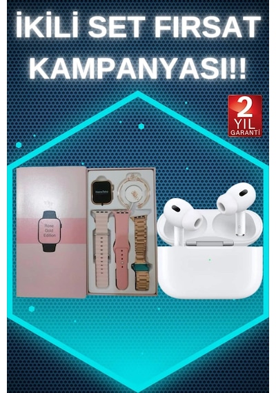 Mey İthalat 3 Kordonlu Pembe Amoled Ekran Akıllı Saat Ve Yeni Nesil Pro Kablosuz Bluetooth Kulaklık Anc/enc