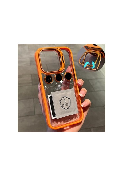 İphone 15 Pro Max Uyumlu Kılıf Kamera Korumalı Pencere Standlı Arkası Şeffaf + Lens Koruyucu Resimde Görünen