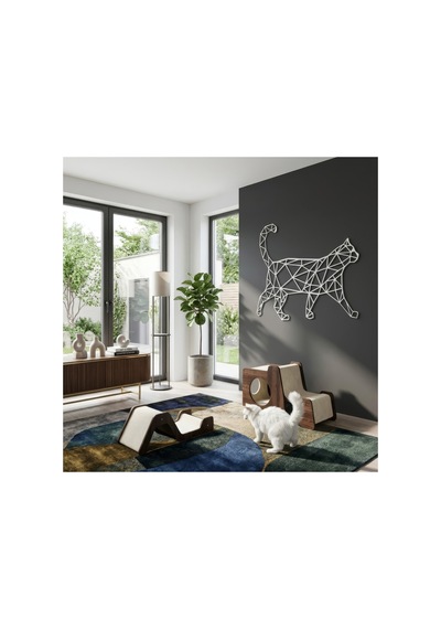 Geometrik Kedi Metal Duvar Tablosu - Metal Duvar Sanatı - Siyah - 40 X 50 Cm