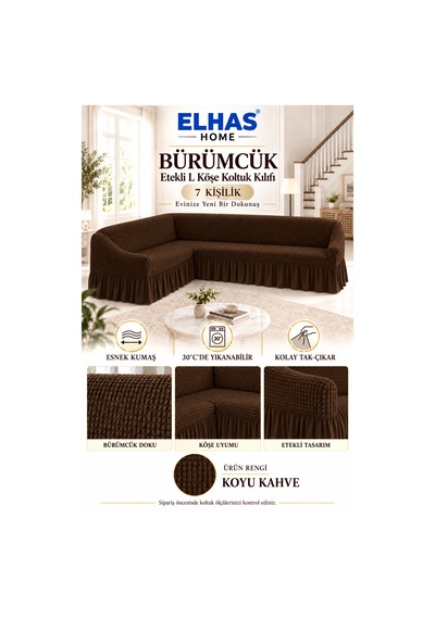 Bürümcük Kumaş 7 Kişilik Etekli L Köşe Koltuk Kılıfı Koyu Kahve - 934823050 Koyu Kahve