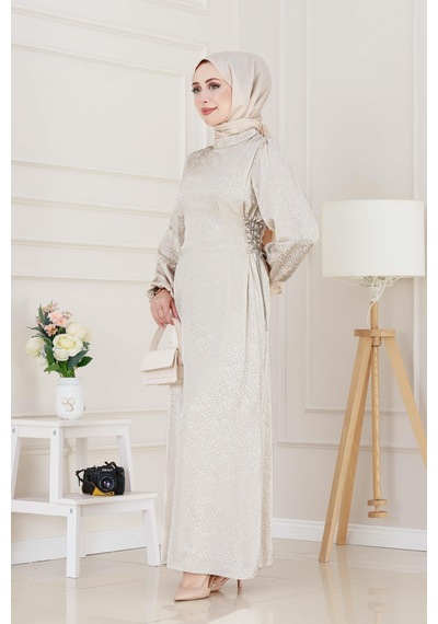 Buse Yanı Bağcıklı Saten Abiye-bej-4999