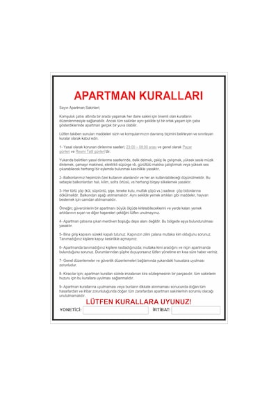 Apartman Kuralları 30x42 Cm Pvc Kaplı Afiş