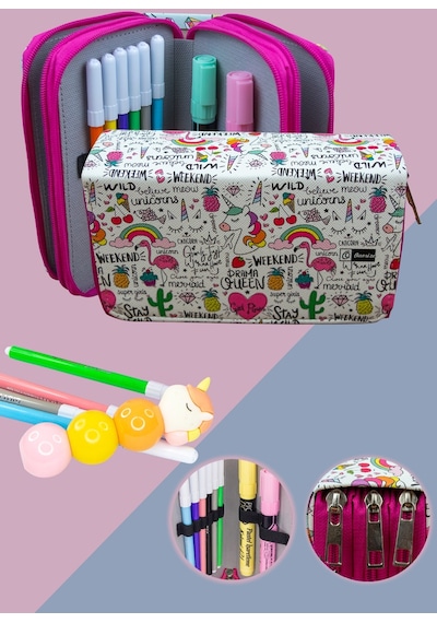 Kalem Kutusu Queen Unicorn Kawaii Orginazer Vegan Deri Üç Bölmel
