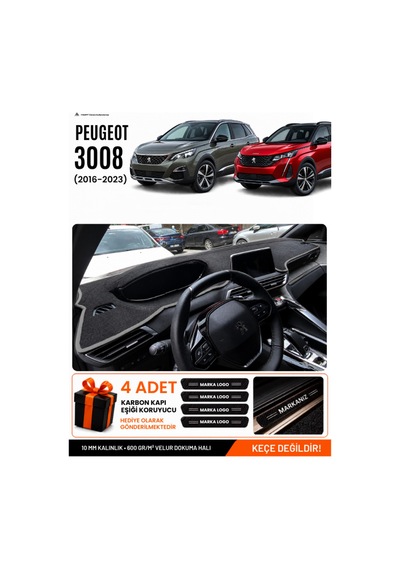 Peugeot 3008 2016-2023 Uyumlu Torpido Koruma, Torpido Örtüsü, Torpido Kılıfı - Siyah Gri