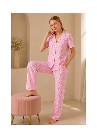 Fit Women Ekose Fiyonk Desenli Kısa Kollu Pijama Takımı Kadın Düğmeli Uzun Alt Pembe Pijama Takımı 4633