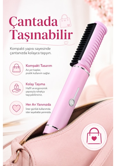 Şarjlı Kablosuz Saç Düzleştirici Tarak Isıtmalı Seramik Fırça Isı Ayarlı Usb-c Taşınabilir Seyahat Tipi Isıtmalı Tarak