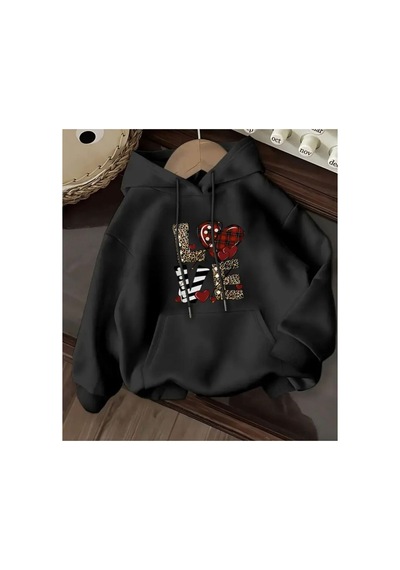 Herkesemoda Love Yazı Detaylı İçi Polarlı Kapüşonlu Sweatshirt Siyah
