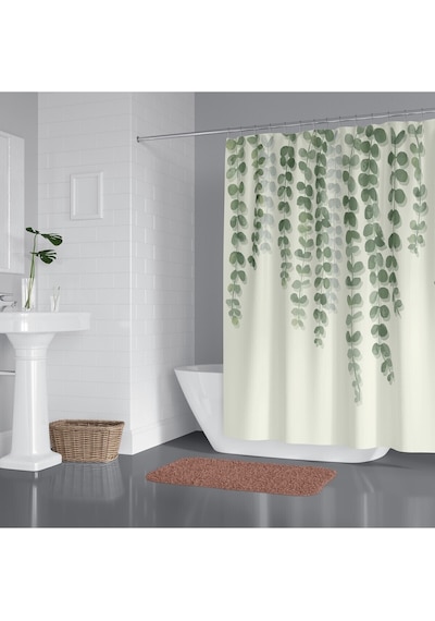 Banyo Duş Perdesi Sarmaşık Desen Yeşil Dijital Baskılı Banyo Perdesi, Tek Kanat C Halka-180x200 Cm Çok Renkli
