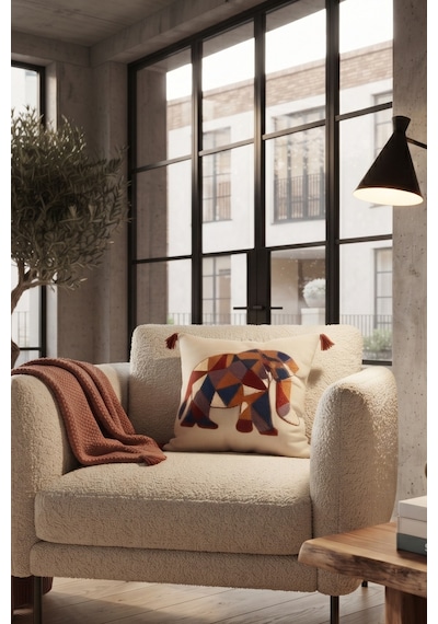 Bohem Renkli Fil Punch Nakışlı Pamuklu Dekoratif Püsküllü Gizli Fermuarlı Kırlent Kılıfı 42x42 Cm Bej