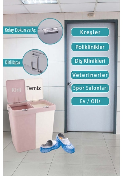 Pembe-beyaz Mote Ikili Dokunmatik Kirli Çamaşır Sepeti 2 Bölmeli Dokunmatik Kapak 80lt,
