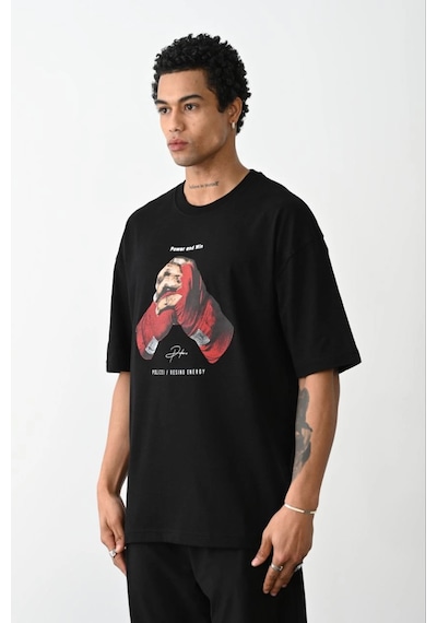 Barlashive Erkek Boxy Eldiven Baskılı T-shirt Kısa Kol Bisiklet Yaka Tişört - Siyah Çok Renkli