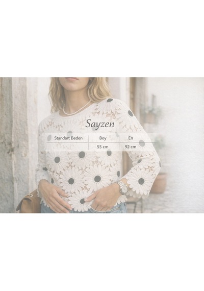 Sayzen Your Shine Tığ Işleme Dantel Çiçek Desenli Bluz Sy-2601-tg Beyaz
