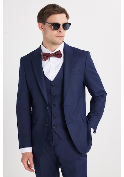 Tudors Erkek Slim Fit Lacivert Esnek Likralı Kumaş Sivri Yaka Yelekli Takım Elbise-33908 Lacivert