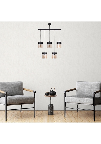 Riolight Retro,rustik,vintage 5xe27 Duylu Metal Gövde Camlı Sıralı Sarkıt Avize Uzunluk:60cm Bal - Siyah