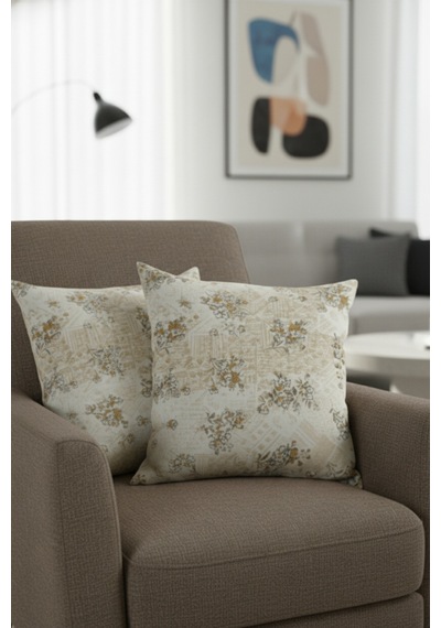 Chevron Bohem Dekoratif Punch Yastık Kırlent Kılıfı 2 Adet 45x45 Modern Çiçek Bej 45 x 45