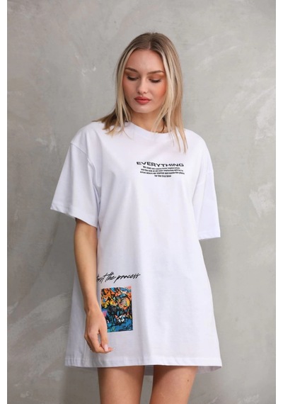 Primemagazam Kadın Bisiklet Yaka Baskılı Oversize T-shirt - Beyaz Çeşitli