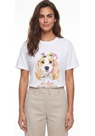 Onloox Kadın Beyaz Beyaz Esnek Dokulu Bisiklet Yaka Basic Kesim Köpek Baskılı Payet Ve Fiyonk Detaylı T-shirt