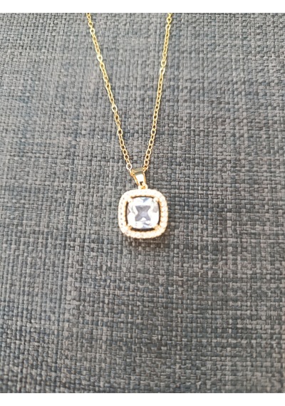 Çelik Gold Kare Baget Zirkon Taşlı Kolye Işıltılı Klasik Tasarım Kadın Kolye Altın