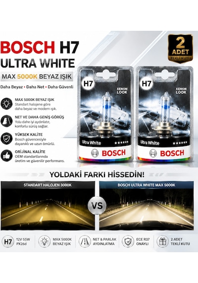 Bosch H7 Ultra White Max 5000k Beyaz Işık Xenon Görünümlü Far Ampulü 2 Adet