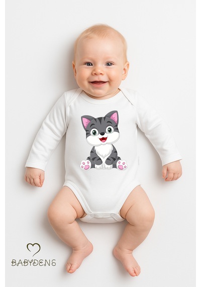 Babyden's Sevimli Hayvan Figürlü %100 Pamuk Uzun Kollu Çıtçıtlı Bebek Body Kedi Beyaz