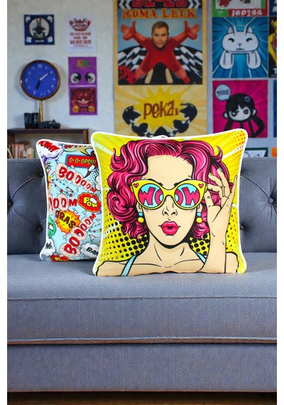 Kırlent Kılıfı 2'li Pop Art Ve Figür Desenli 45x45 Raşel Örme Kadife Çift Taraflı Dijital Baskı Beyaz Biyeli Çok Renkli