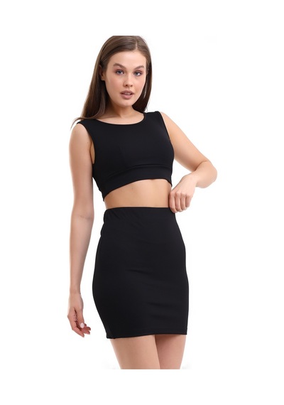 Winmoda34 Kadın Etek-crop 2li Takım Fitilli Kumaş Full Likralı Siyah